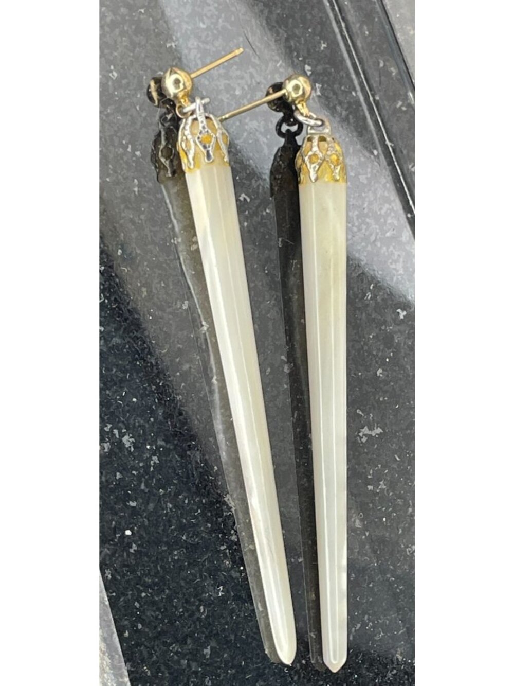 Vintage 1960s Carved Mother of Pearl Tusk Spike Earrings Gold Filigree Caps 3"